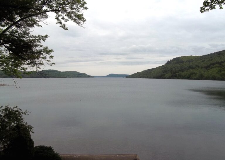 Otsego Lake stretching north from Cooperstown, New York, between wooded hills under a soft grey sky