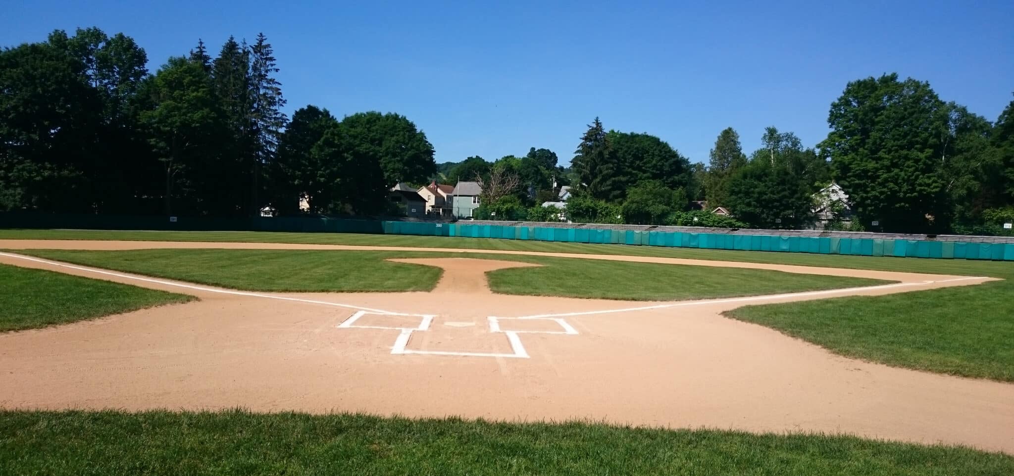 View from behind home plate across the infield of historic Doubleday Field in Cooperstown, New York